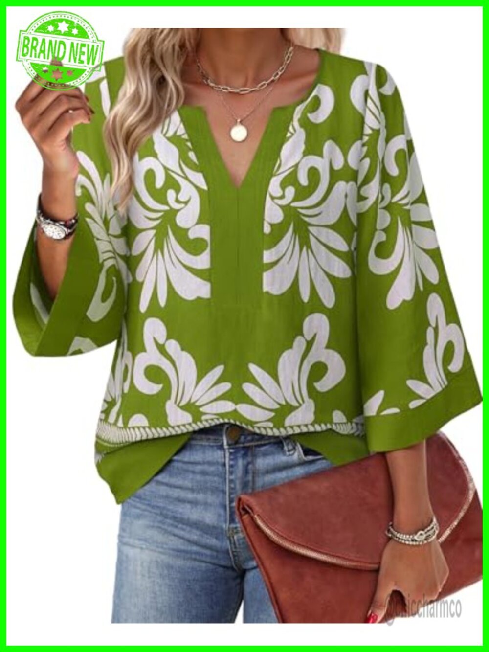 Womens Chiffon Blouse 3/4 Sleeve V Neck Floral Tunic Top Office Wear
